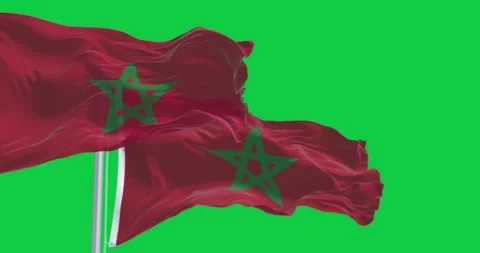 Morocco national flags waving in the wind isolated on green background Video stock 305900634