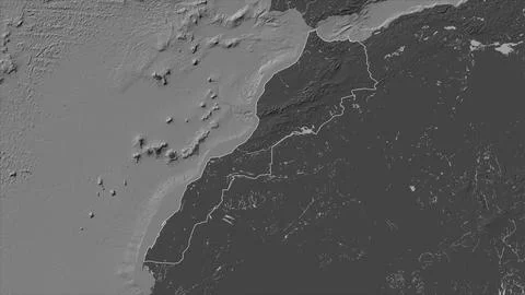 Morocco outlined on a Bilevel elevation map with lakes and rivers Stock Illustration