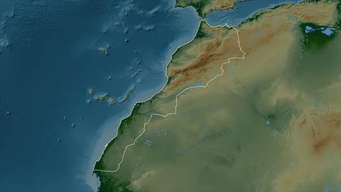 Morocco outlined on a Colored elevation map with lakes and rivers Stock Illustration
