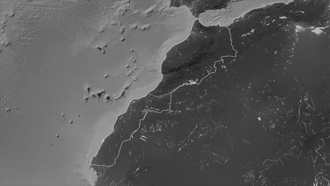Morocco outlined on a Grayscale elevation map with lakes and rivers Stock Illustration