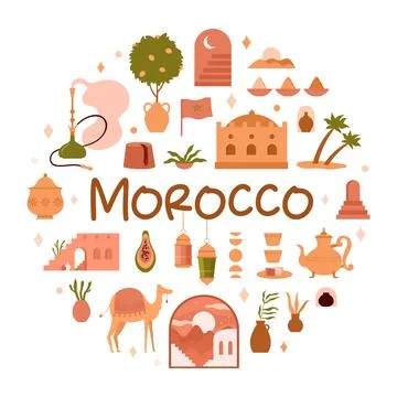 Morocco round design template with Arabian culture symbols and Muslim desert Illustration