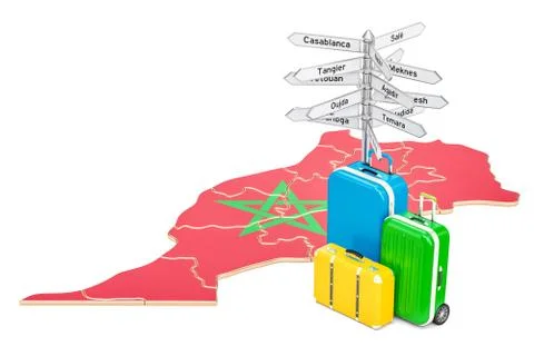 Morocco travel concept. Moroccan map with suitcases and signpost, 3D renderin Stock Illustration