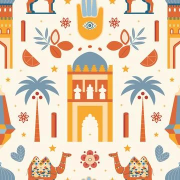 Morocco Travel Pattern with Architecture Landmarks 스톡 일러스트
