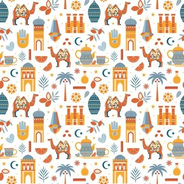Morocco Travel Pattern with Architecture Landmarks Stock Illustration