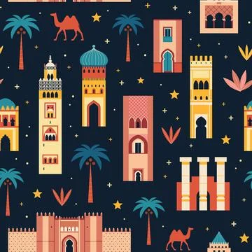 Morocco Travel Pattern with Architecture Monuments Illustrazione stock