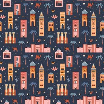 Morocco Travel Pattern with Architecture Monuments Illustrazione stock