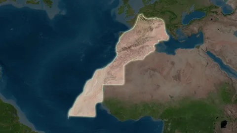 Morocco with Western Sahara map - extract. Glow. Satellite. Stock Footage 241760368