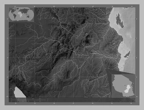 Morogoro, Tanzania. Grayscale elevation map with lakes and rivers イラスト素材