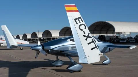 Moron, Spain - 12 May 23: Sleek light Velocity SE aircraft parked at an airpo Stock Photos