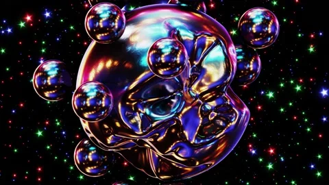 Morphing alien alloy sphere with satellites against colorful stars 3D animation Video stock 206026732