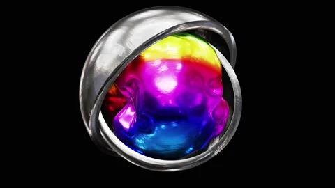 Morphing liquid rainbow metallic sphere inside of two brushed steel hemispheres Stock Footage 221144281