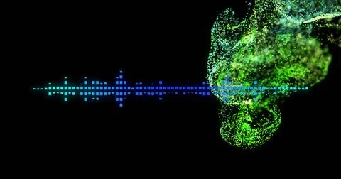 Morphing neon green particle cloud flowing from cyan-blue pixel waveform on Illustrazione stock