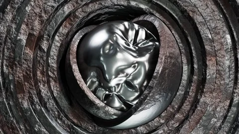 Morphing steel sphere inside of old metal hemispheres with aged steel rings Stock Footage 265927851