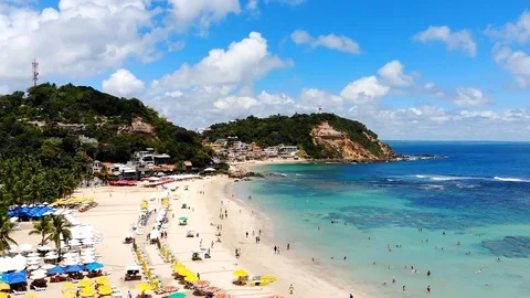Morro de Sao Paulo First and Second beach crowd of tourist swimming and enjoying Stock Footage 126058129