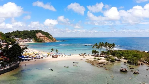 Morro de Sao Paulo First and Second beach crowd of tourist swimming and enjoying Stock Footage 126058202