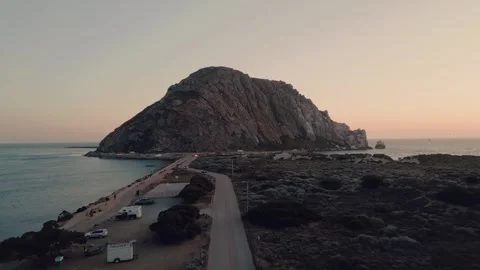 MORRO ROCK AERIAL DRONE SUNSET DUSK MORRO BAY 4K 60 FPS Stock Footage 276933632