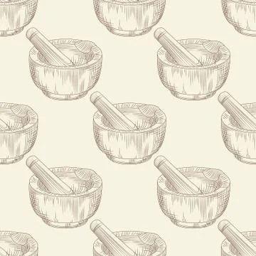Mortar and pestle seamless pattern. Grinding spices and solid food ingredient Stock Illustration