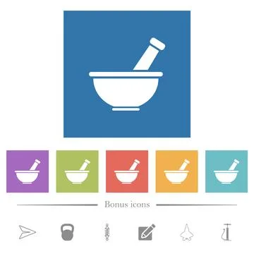 Mortar and pestle solid flat white icons in square backgrounds 库存插图