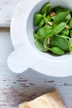 Mortar With Basil Leaves 库存照片