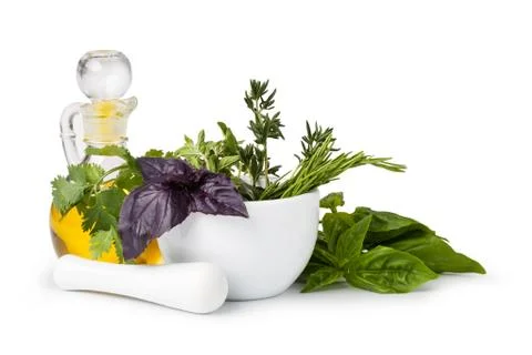 Mortar with herbs Stock Photos