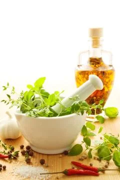 Mortar with ingredients Stock Photos