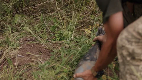 Mortar mine that has not exploded. Clearing of unexploded shells after a battle 스톡 동영상 203921351