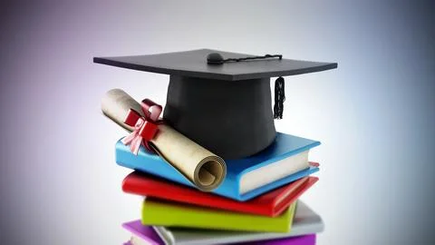 Mortarboard and certificate standing on stack of colorful books. 3D illustr.. 스톡 일러스트