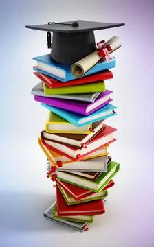 Mortarboard and certificate standing on stack of colorful books. 3D illust... Stock Photos
