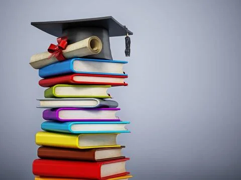 Mortarboard and certificate standing on stack of colorful books. 3D illust... Stock Photos