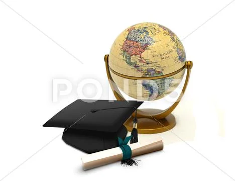 Mortarboard with scroll and antique globe Stock Photos