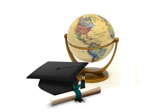 Mortarboard with scroll and antique globe Stock Photos