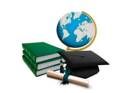 Mortarboard with scroll and stack of books Stock Photos