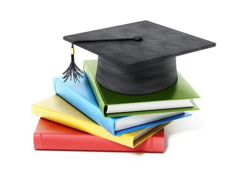 Mortarboard standing on book stack. 3D illustration 스톡 일러스트