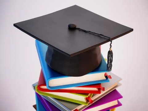 Mortarboard standing on stack of colorful books. 3D illustration Stock Illustration