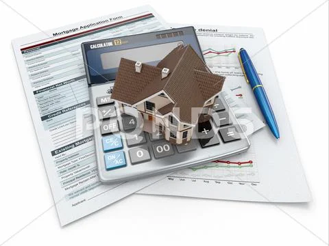 Mortgage application form with a calculator and house. Stock Illustration