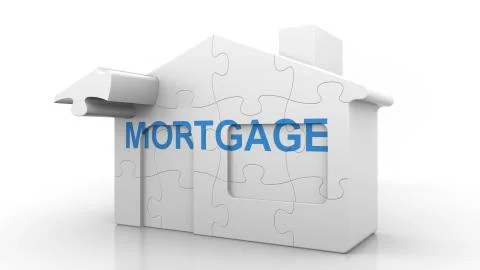 MORTGAGE caption on puzzle house. Construction or loan market conceptual 3D Ilustración de archivo