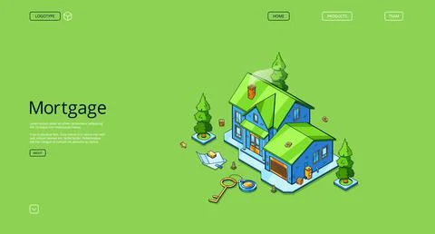 Mortgage isometric landing page with cottage house Stock Illustration