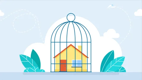 Mortgage payment problem, housing debt. Locked yellow house inside the cage Stock Footage 255790416
