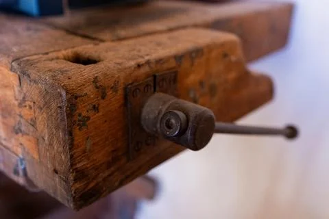 Morza in the foreground on an old carpenter's table. Craftsmanship. Foto stock