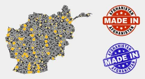 Mosaic Afghanistan Map of Industrial Elements and Made In Grunge Stamp Illustrazione stock