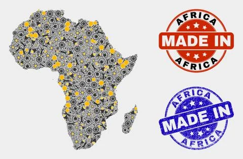 Mosaic Africa Map of Industrial Elements and Made In Grunge Stamp Stock Illustration