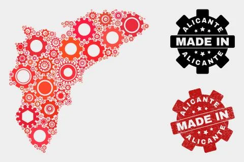 Mosaic Alicante Province Map of Cogwheel Elements and Grunge Stamp イラスト素材