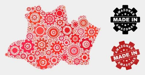 Mosaic Amazonas State Map of Cog Elements and Grunge Stamp 库存插图