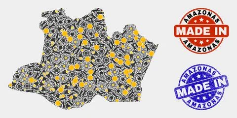 Mosaic Amazonas State Map of Technology Elements and Made In Grunge Seal Illustrazione stock