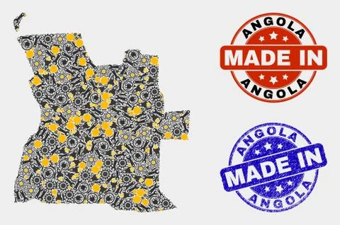 Mosaic Angola Map of Service Elements and Made In Grunge Stamp Illustrazione stock