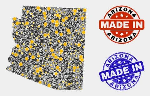 Mosaic Arizona State Map of Workshop Elements and Made In Grunge Stamp Stock Illustration