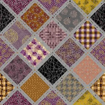 Mosaic art pattern of rhombuses of different tile textures. Seamless vector. Stock Illustration
