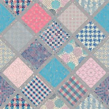 Mosaic art pattern of rhombuses of different tile textures. Seamless vector. Stock Illustration