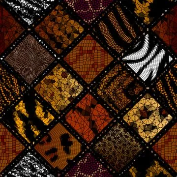 Mosaic art pattern of rhombuses of different tile textures. Seamless vector. Stock Illustration