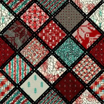 Mosaic art pattern of rhombuses of different tile textures. Seamless vector. Stockillustratie